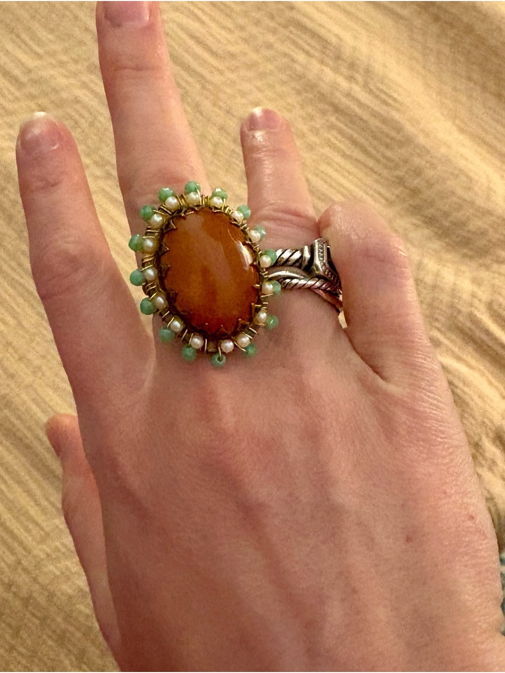 Handcrafted Oval Statement Ring with Mint and Pearl Accents